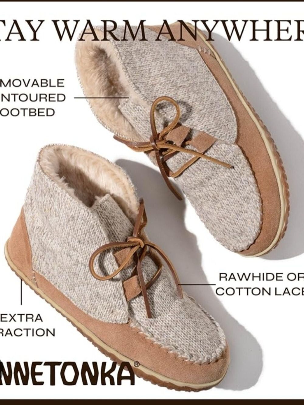 Minnetonka Wool Knit & Suede Moccasin Booties - Light Beige and Tan